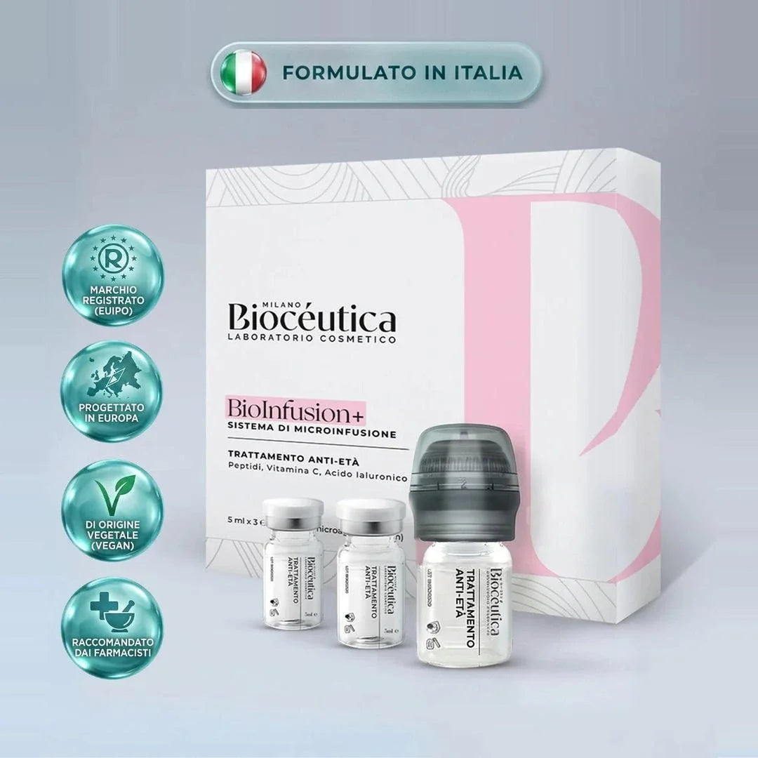 BioInfusion+ kit: box, dispositivo di microinfusione e 3 fiale di siero, badge Formulato in Italia
