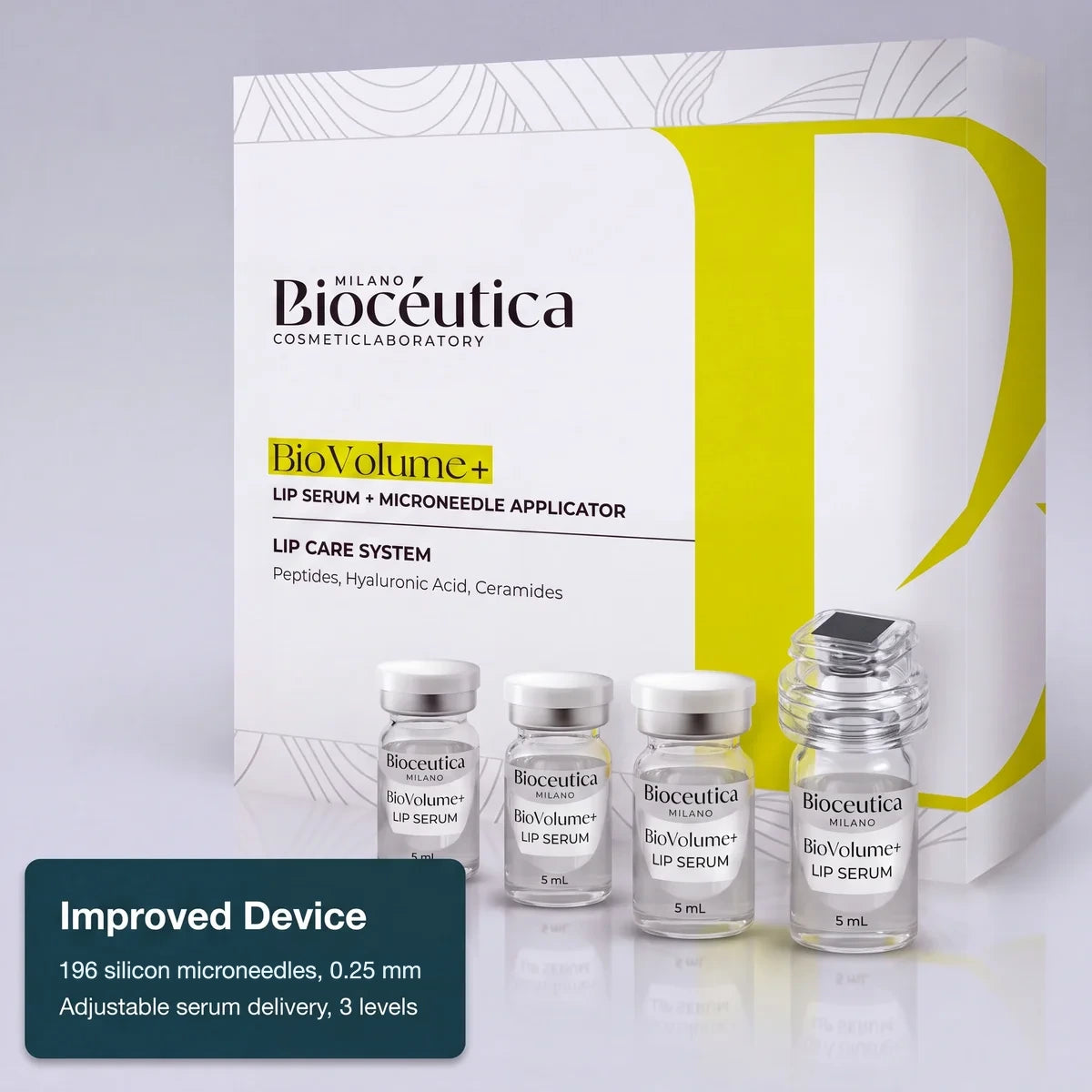 BioVolume+ Lip Care System box with four 5 mL lip serum vials and the improved MicroSI applicator: 196 monocrystalline silicon microneedles 0.25 mm, adjustable serum delivery, 3 levels